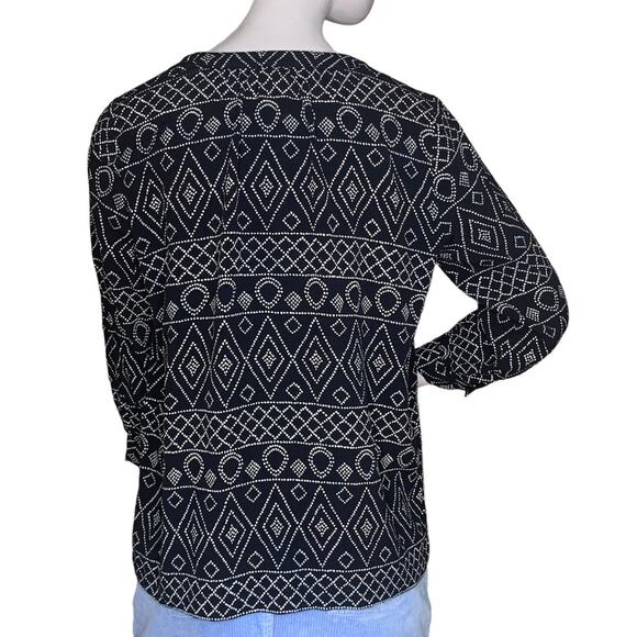 Madewell Boho Top Size XS Black and White Aztec Print Lace Up Long Sleeve - Picture 5 of 10